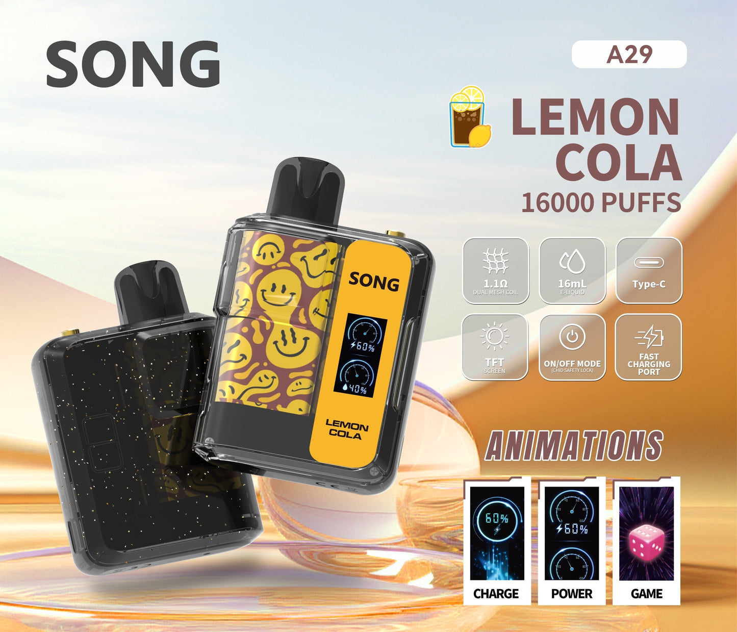 正品崧SONG A29娱乐系列16000口一次性电子烟-麻将骰子崧盒/猜拳/表情 - 柠檬可乐