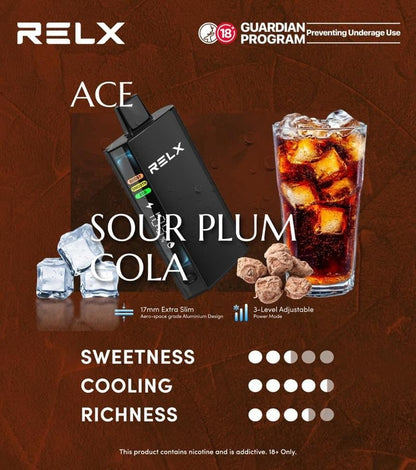 正品悦刻RELX ACE 30000口超大容量冰爽系列航空级铝材超薄设计三档功率可调智能液晶显示电量油量一次性电子烟-多口味可选 - 酸梅可乐