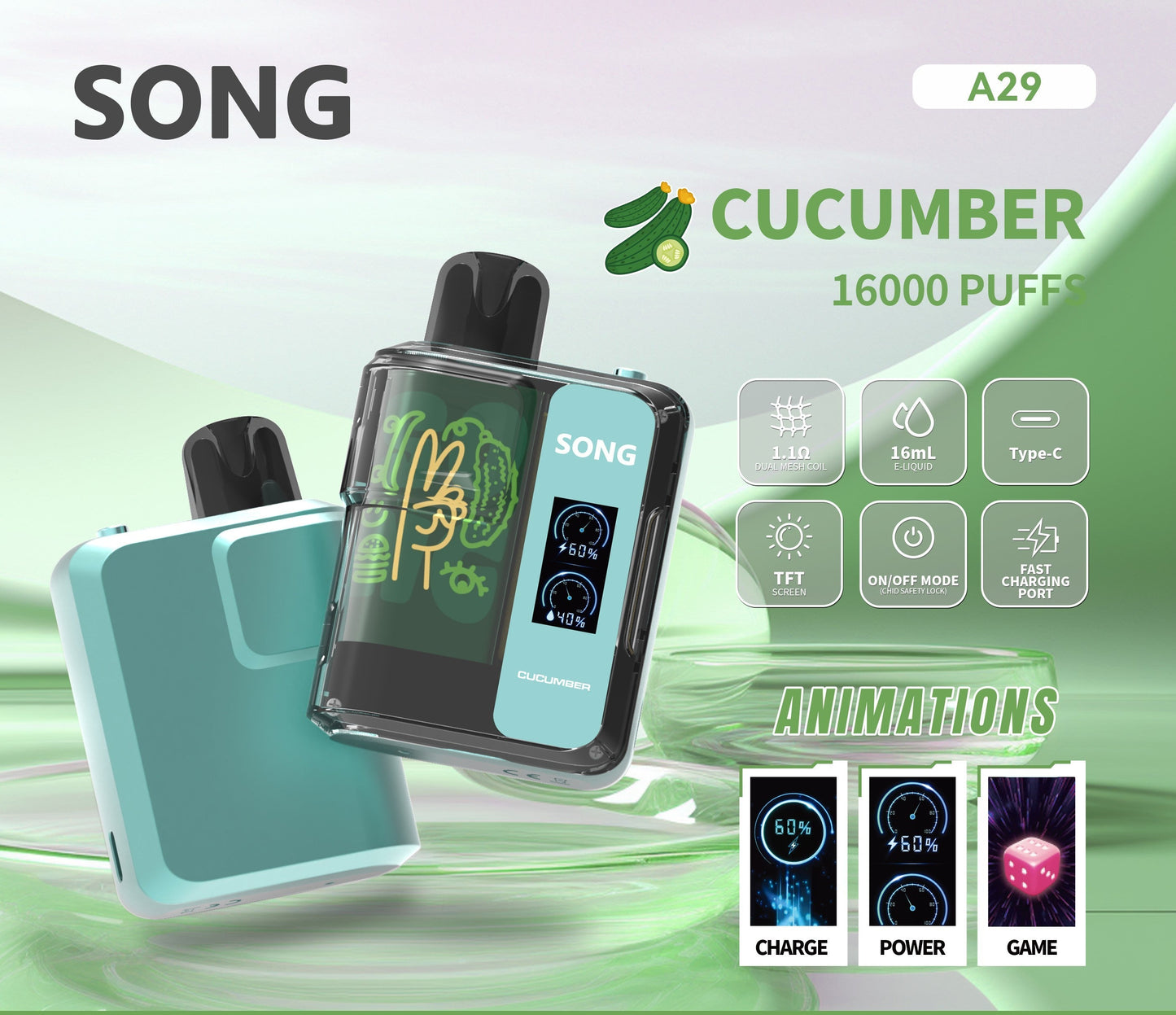 正品崧SONG A29娱乐系列16000口一次性电子烟-麻将骰子崧盒/猜拳/表情 - 黄瓜