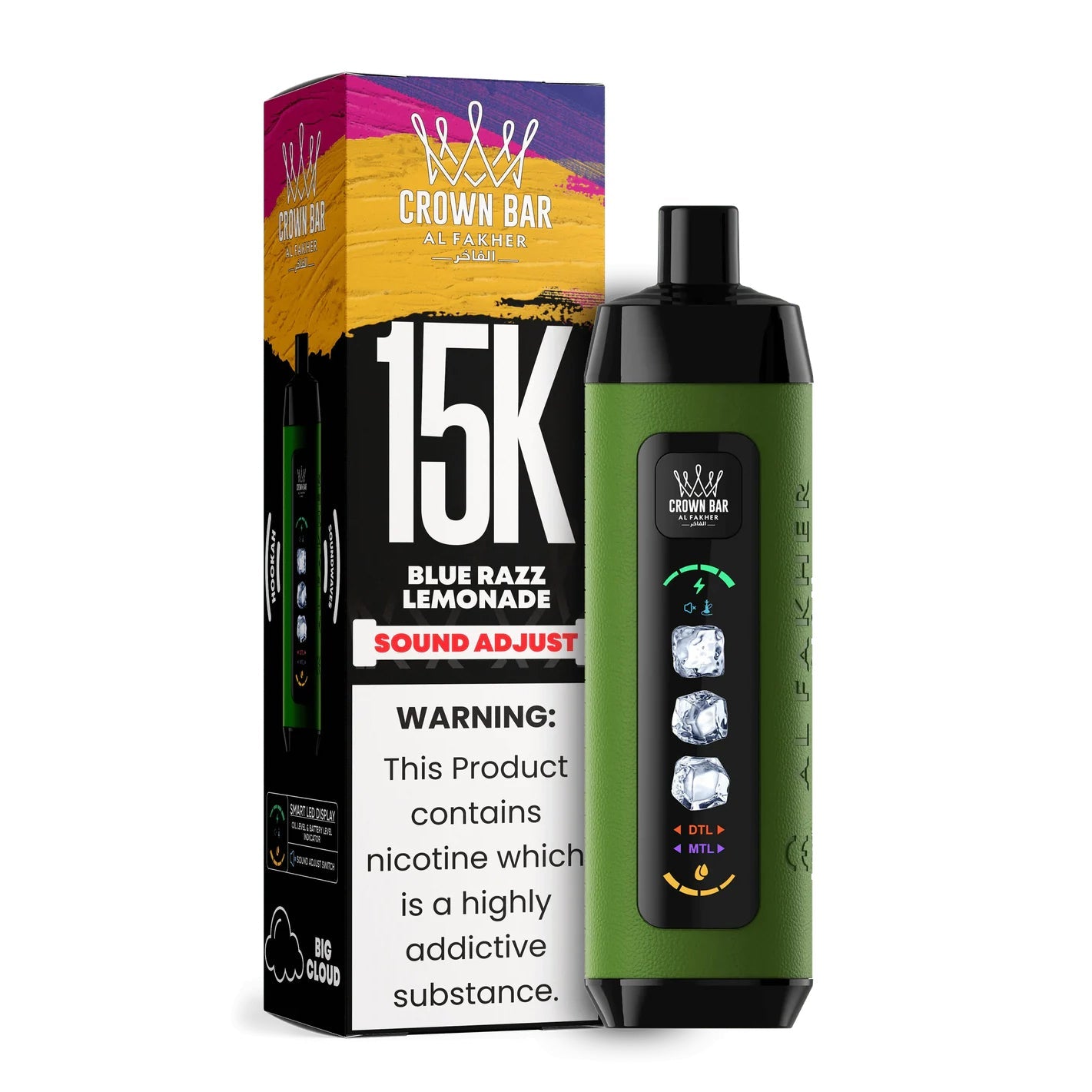 阿尔法赫皇冠系列PRO MAX AL FAKHER CROWN BAR 15K 15000口大烟雾一次性电子烟带水烟声波油量电量显示-多口味可选 - 蓝拉兹柠檬水