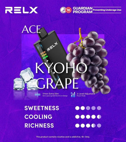 正品悦刻RELX ACE 30000口超大容量冰爽系列航空级铝材超薄设计三档功率可调智能液晶显示电量油量一次性电子烟-多口味可选 - 京都葡萄