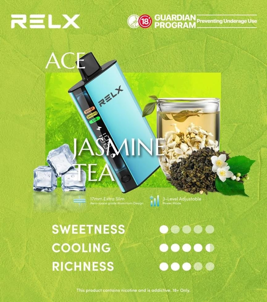 正品悦刻RELX ACE 30000口超大容量冰爽系列航空级铝材超薄设计三档功率可调智能液晶显示电量油量一次性电子烟-多口味可选 - 茉莉花绿茶