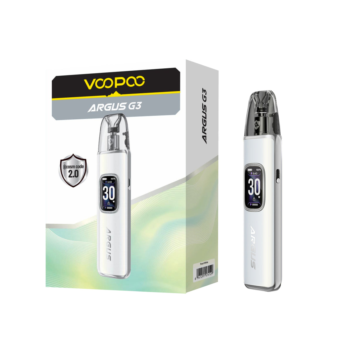 VOOPOO ARGUS G3 Pearl White 设备与外包装，白底完整展示