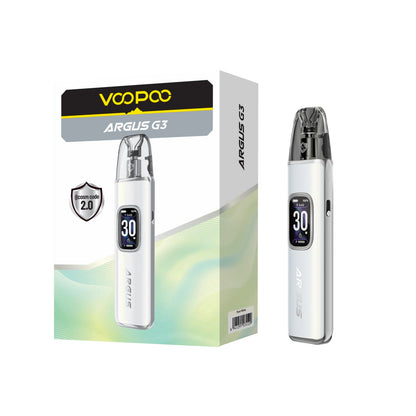 VOOPOO ARGUS G3 Pearl White 设备与外包装，白底完整展示