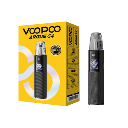 VOOPOO ARGUS G4 黑色设备与外包装，白底完整展示