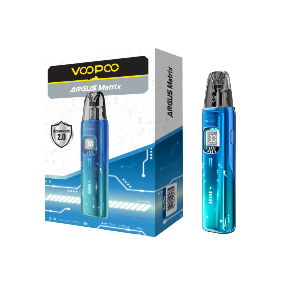 VOOPOO ARGUS Matrix 蓝色设备与外包装展示