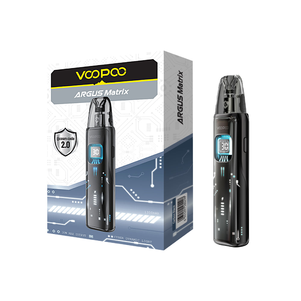 VOOPOO ARGUS Matrix 黑色设备与外包装，白底完整展示
