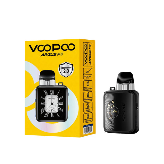 VOOPOO ARGUS P3 黑色设备与外包装，白底完整展示