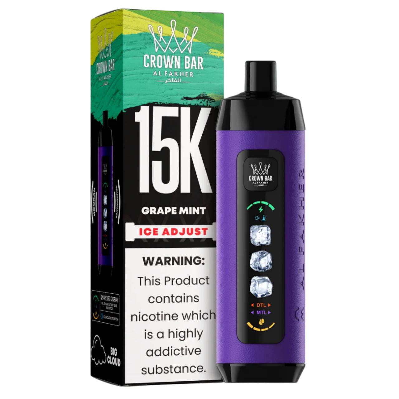 阿尔法赫皇冠系列PRO MAX AL FAKHER CROWN BAR 15K 15000口大烟雾一次性电子烟带水烟声波油量电量显示-多口味可选 - 葡萄薄荷