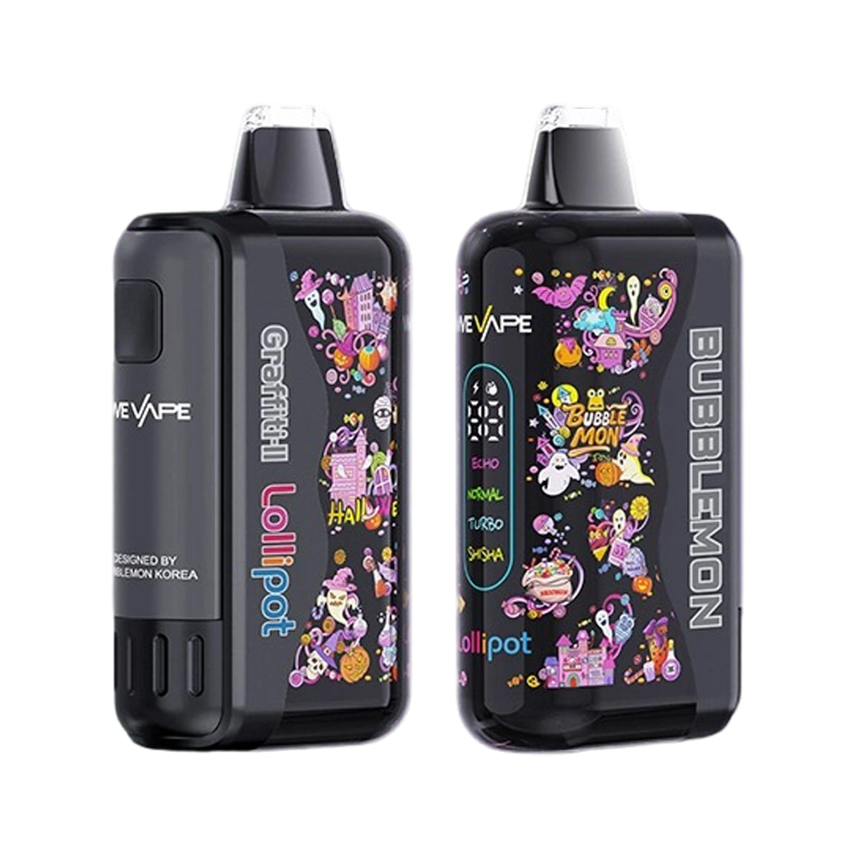 正品韩版巴布梦二代BUBBLE MON GRAFFITI-II 泡泡兽满天星炫彩壁纸LED灯效30000口可拆卸式电子烟套装/烟弹-多口味可 - 黑色 / 桃子冰