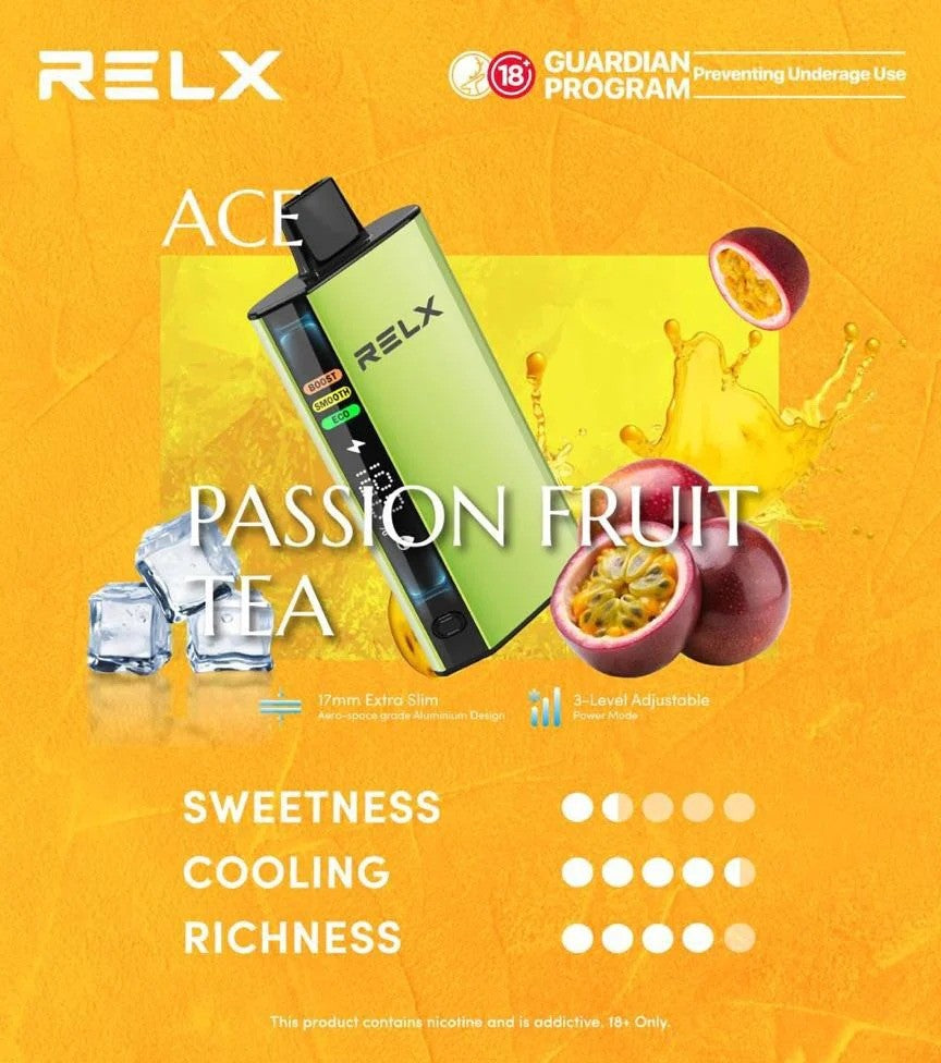 正品悦刻RELX ACE 30000口超大容量冰爽系列航空级铝材超薄设计三档功率可调智能液晶显示电量油量一次性电子烟-多口味可选 - 百香果
