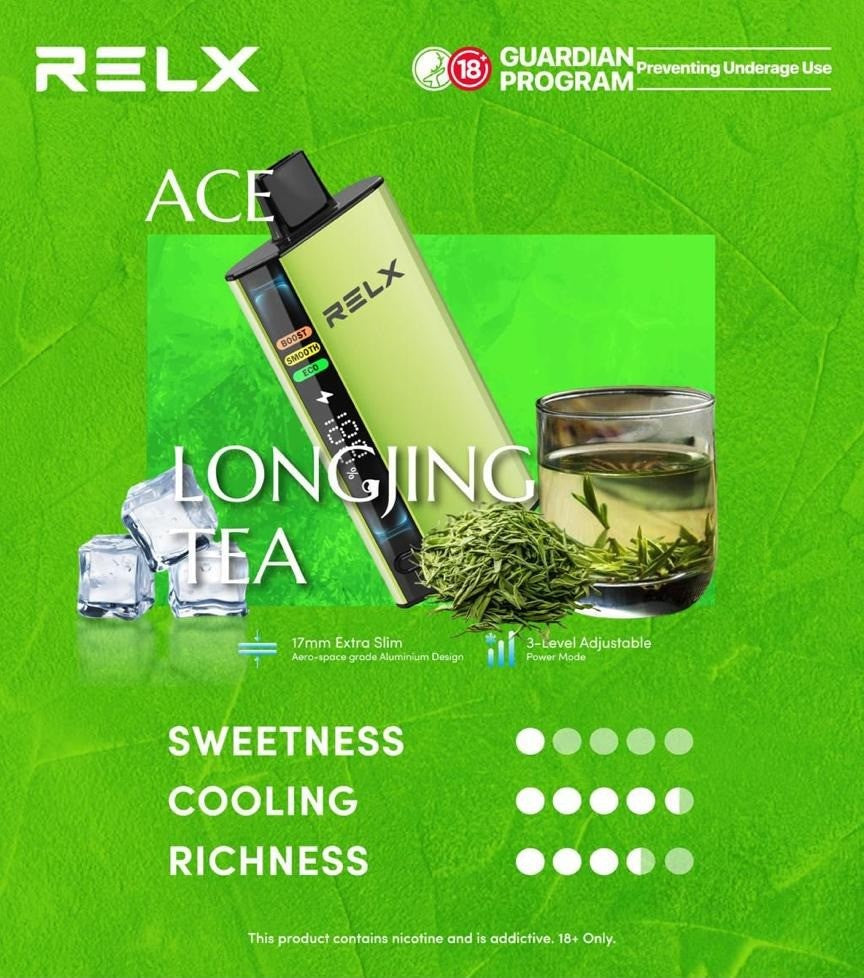 正品悦刻RELX ACE 30000口超大容量冰爽系列航空级铝材超薄设计三档功率可调智能液晶显示电量油量一次性电子烟-多口味可选 - 龙井冰茶
