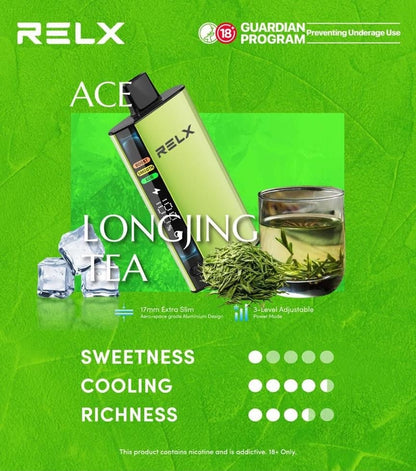 正品悦刻RELX ACE 30000口超大容量冰爽系列航空级铝材超薄设计三档功率可调智能液晶显示电量油量一次性电子烟-多口味可选 - 龙井冰茶
