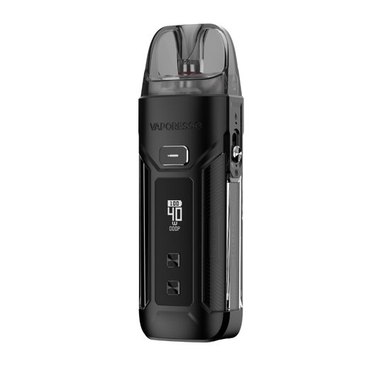 VAPORESSO LUXE X Pro 黑色设备，完整机身白底展示