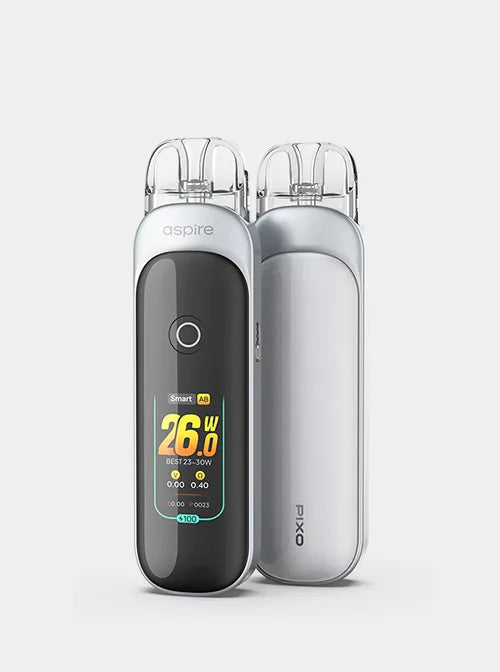 Aspire Pixo 银色设备正反面，完整机身浅灰白底展示