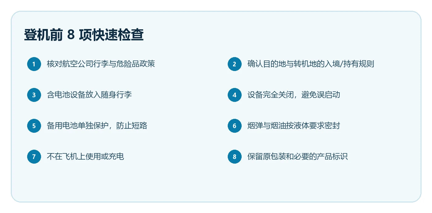 电子烟乘机前八项检查清单